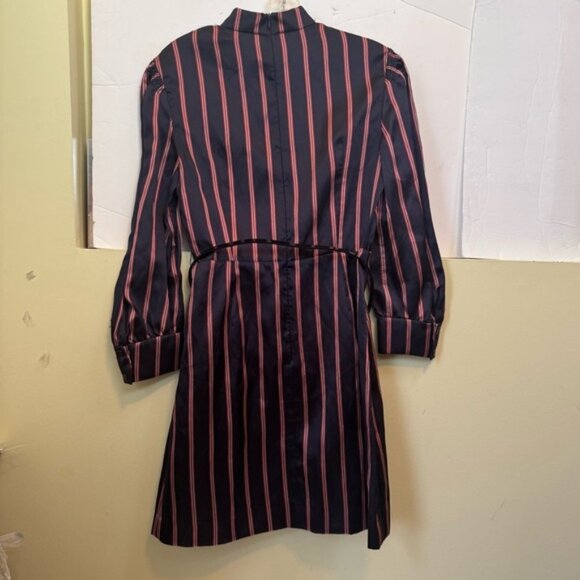 SANDRO Respect Striped Long Sleeve Preppy Satin Twill Belted Dress Lightweight - Picture 3 of 16
